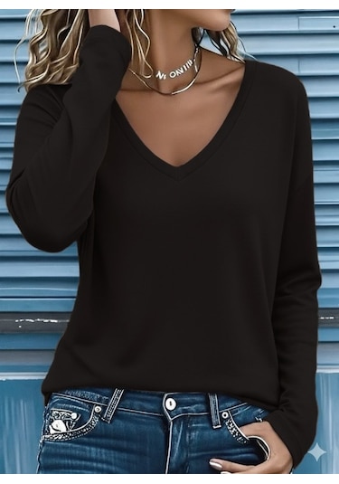 Tua Moda Kadın Uzun Kollu V Yakalı Viskon Iki Iplik Bluz Kahve