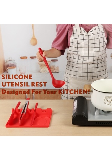 Dancemonkey 2'si 1 Arada Mutfak Silikon Kaşıklık Raf Orta Boy Kırmızı - Küçük Ebatlı Kırmızı