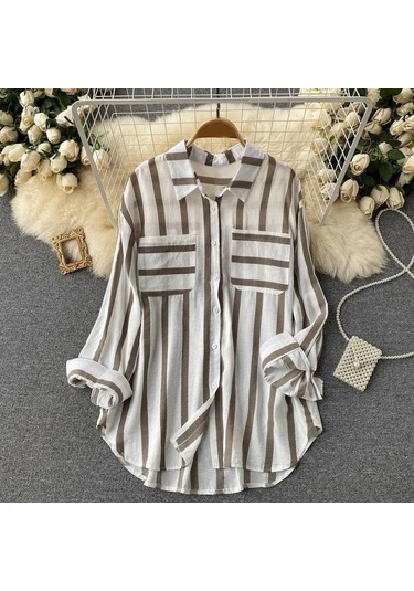 Yaz Yeni Orta Uzunlukta Dikey Çizgili Çok Renkli Gömlek Ceket Kadın Kore Tarzı Rahat Gevşek Üstler Ten Ten Rengi