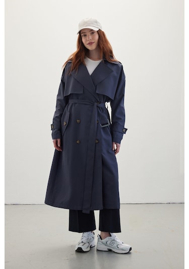 Manuka Düğmeli Kruvaze Trençkot Lacivert