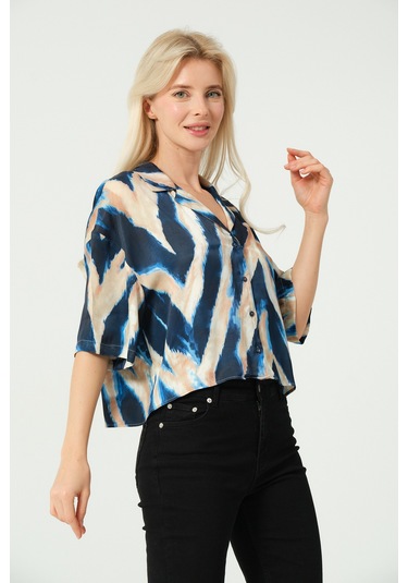 Saten V Yaka Crop Gömlek Multi Lacivert