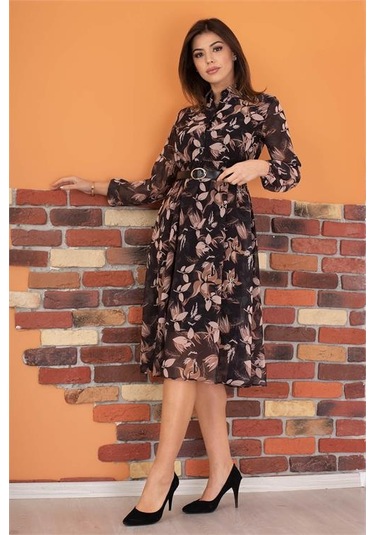 Neşeli Butik Kadın Siyah Kemerli Çiçek Desenli Şifon Elbise Ry0031 Siyah