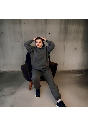 Ceyss Design Unisex Üç İplik Şardonlu Sweatshirt Eşofman Takımı-haki Haki