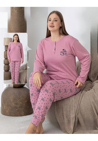 Lindros Kadın Pamuk'lu Düğme Yaka Raporlu İnterlok Kışlık Battal Pijama Takımı 0255 - 1 Adet Pembe