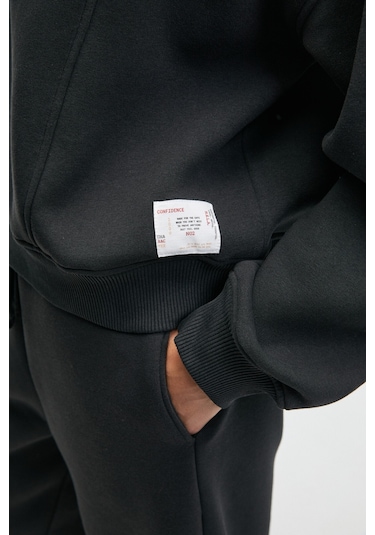 SERENYA Kadın Pamuklu Etiket Detaylı Bisiklet Yaka Antrasit Sweatshirt