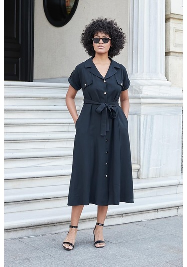 Kadın İpeksi Modal Kumaş Yakalı Düşük Omuzlu Apoletli Yan Cepli Kemerli Diz Altı Boy Uzun Elbise-siyah Siyah