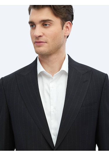 Siyah Çizgili Modern Fit Yün Karışımlı Takım Elbise Siyah