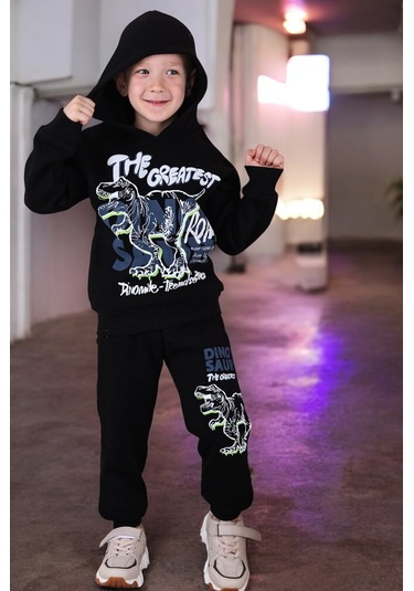 3 İp Şardonlu Kapüşonlu Dinozor Desen Sweatshirt Eşofman Alt Üst Takım Siyah Renk Siyah