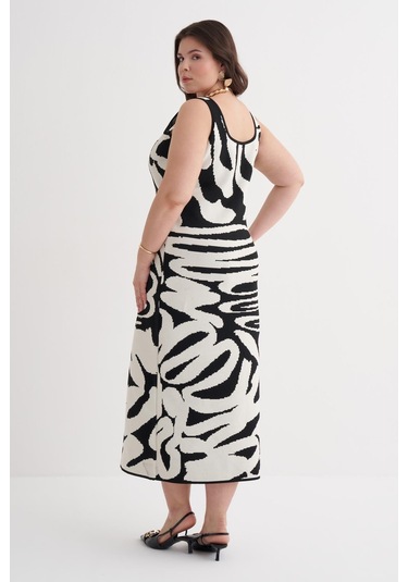 Desenli Triko Elbise-6264 Siyah