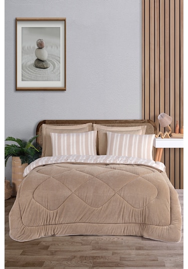 Comfort Set Yeni Nesil Wellsoft Yorganlı 3 Parça Çift Kişilik Soft Line Bej Bej
