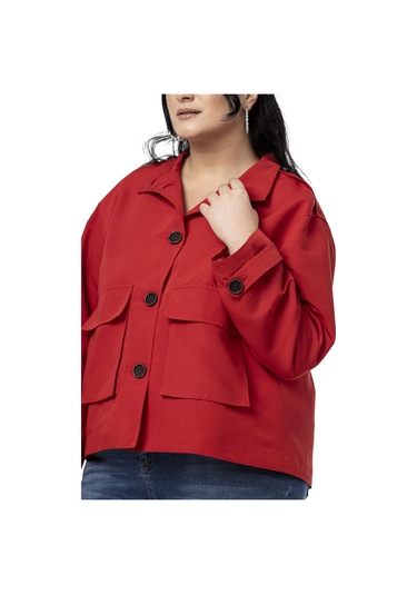 Büyük Beden Dik Yaka Kapaklı Torba Cepli Astarlı Kısa Kırmızı Trençkot Kırmızı