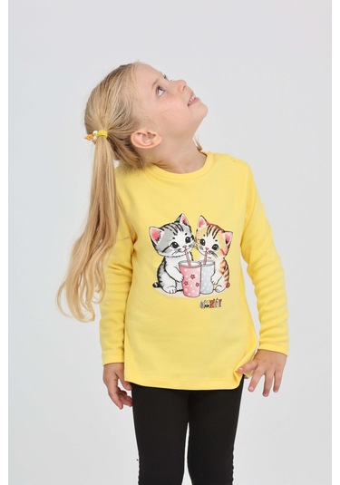 Toontoy Kız Çocuk İkili Kedi Baskılı Sweatshirt Açık Sarı