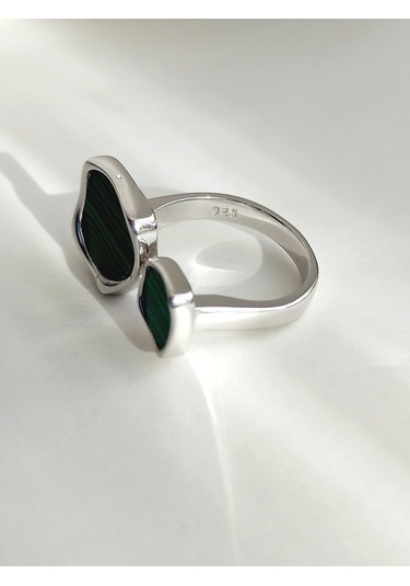 Gümüş Yeşil Malahit Taşlı Kare Tasarım Ayarlanabilir Kadın Yüzük