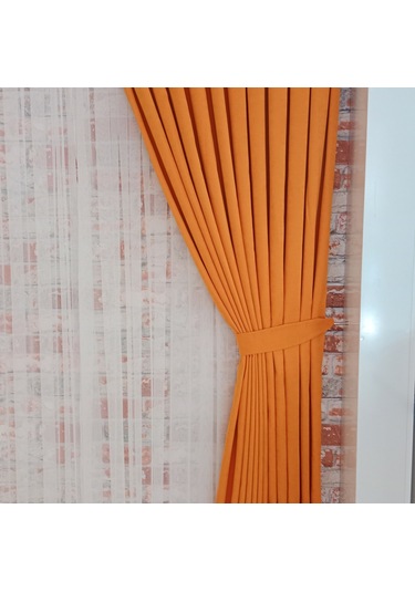 Turuncu Renk Fon Kadife Perde Çift Kanat 1/3 Sık Pileli Dikim V-15 Turuncu