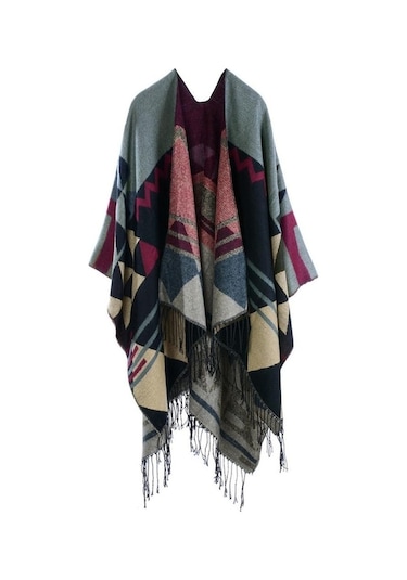 Novahub Kadın Örme Şal Panço Sahte Kaşmir Geometrik Desen Püskül Büyük Boy Uzun Bohemya Pelerin Renk: Bordo Sarı - Standart Sarı