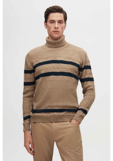 D's Damat Regular Fit Camel Çizgili Tüylenme Yapmayan Tam Balıkçı Yaka Erkek Triko Kazak 3HC0618ORTCKZK - Camel