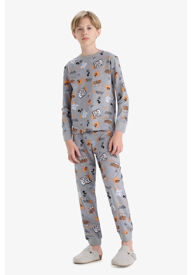 Defacto Erkek Çocuk Pijama Takımı Desenli Uzun Kollu Üst Uzun Alt F1892a825augr265 Gri