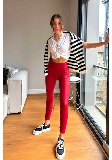 Soonaksesuar Kadın Yüksek Bel Içi Şardonlu Fırsat Ürün Toparlayıcı Tayt Kırmızı