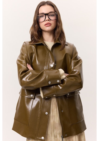 Halsey Dokulu Deri Ceket Yeşil Yeşil