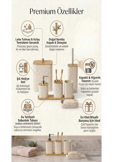 Makri Home Desenli 7 Parça Bambu Kapaklı Ve Aksesuarlı Banyo Seti Beyaz