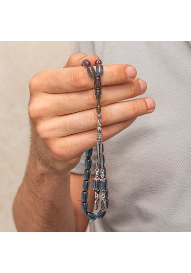 Gümüş Püsküllü Kapsül Kesim Sıkma Kehribar Tesbih Sl12600 Gümüş