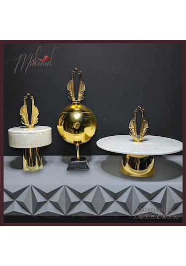 Şık Mermer Ve Altın Dekoratif Pasta Standları & Küre Süs Seti