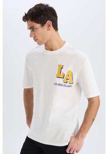 DeFactoFit NBA Los Angeles Lakers Oversize Geniş Kalıp Bisiklet Yaka Sırt Baskılı Kısa Kollu Tişört B3894AX25SPER105