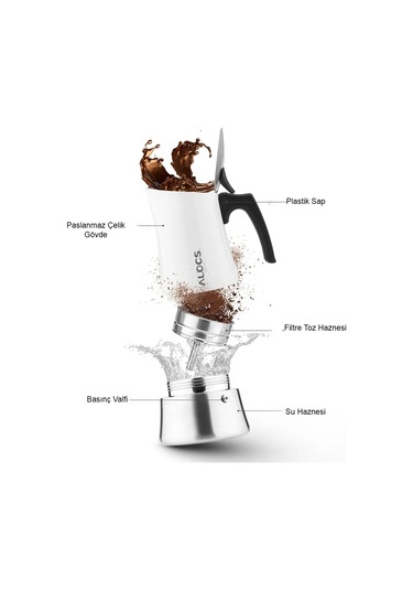 Alocs Taşınabilir Mocha Pot 450 Ml 9 Cup Beyaz