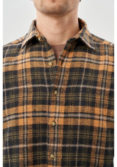 Hardal Yünlü Ekose Desen Yumuşak Yaka Cepsiz Uzun Kol Casual Comfort Fit Gömlek 1004245227 Hardal