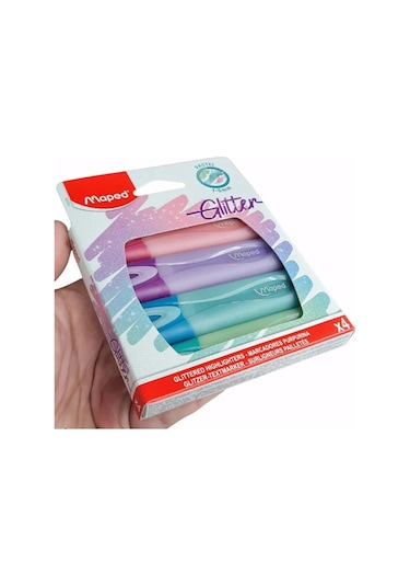 Maped Fosforlu Kalem Glitter Pastel Kesik Uçlu 1-5mm 4 Renk Fosforlu İşaretleme Kalemi Çok Renkli