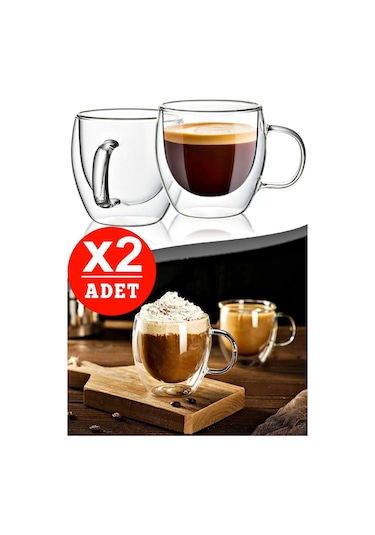 Çift Camlı Çift Cidarlı Cam Kupa 250 Ml Ev Ofis Fincanı Çift Katlı Isı Yalıtımlı Kulplu Cam Bardak