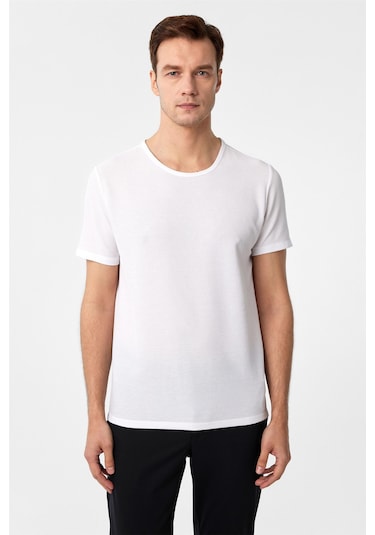 Beyaz Slim Fit Armürlü Bisiklet Yaka Tişört-37259 Beyaz