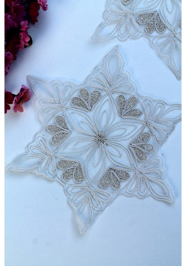 6 Adet Yıldız Motifli Krem Gold Simli Bardak Altlığı & Kokteyl Beyaz