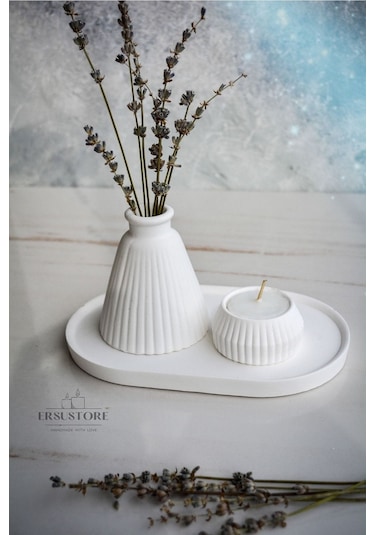 Beyaz Renk 3 Parça Tealight Vazo Tepsi Seti 001