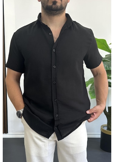 Erkek Kısa Kollu Keten Görünümlü Gömlek Siyah Edw389 Siyah