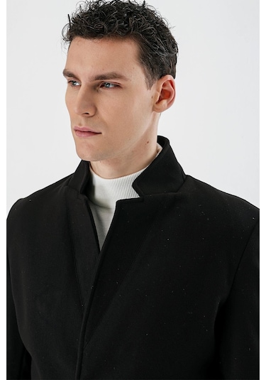Siyah Kaşe Dik Yaka Astarlı Slim Fit Dar Kesim Casual Mont 1007235170-Siyah