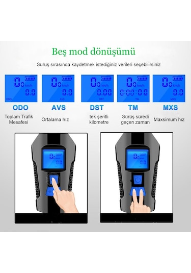 Bisiklet Lcd Hız Göstergesi Su Geçirmez Şarjlı Led Işık Km Ekran Siyah