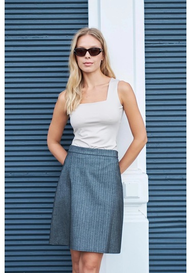 Kadın Hafif Likralı Desenli Kumaş Ekoseli Yüksek Bel Diz Boy Çan Etek-balık Sırtı Balık Sırtı