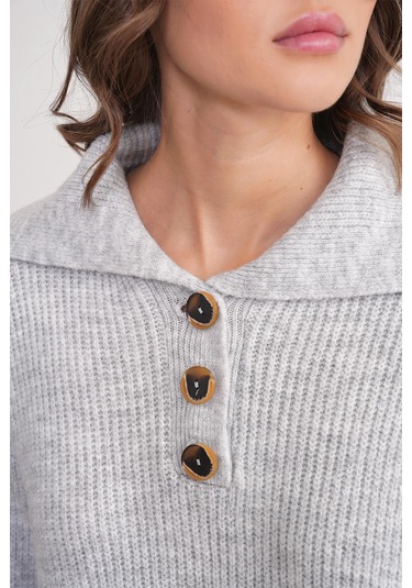 6900 Kadın Düğmeli Devrik Yaka Triko Kazak Gri Gri