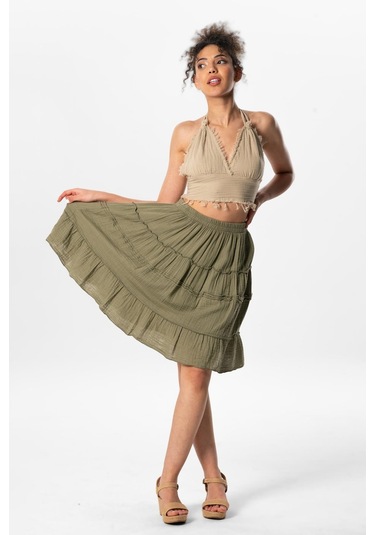 Benan Beli Lastikli Kısa Yazlık Müslin Etek Haki Hk-haki Haki