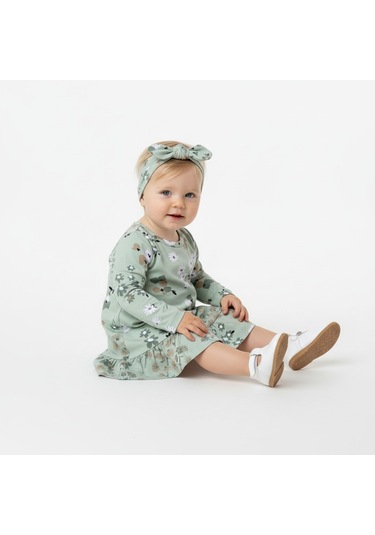 Çiçekli Uzun Kol Kız Bebek Elbise St09755 Yeşil