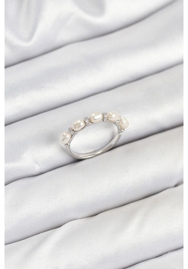 Pirinç Gümüş Renk Sıralı İncili Kadın Yüzük Çok Renkli