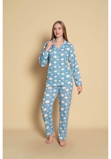 Kadın Gömlek Bulut Desenli Uzun Kol Pijama Takımı Mavi