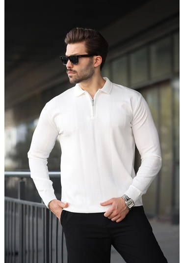 Beyaz Polo Yaka Fermuarlı Erkek Kazak E7427 Beyaz