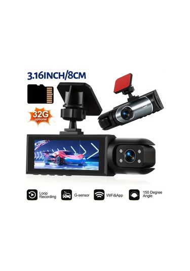 Dashanshop 32g Kartlı 3 16 Çift Lensli Araç Kamerası 1080p Ön 480p İç Görüş Hd Gece Görüşü Geniş Açı Dvr