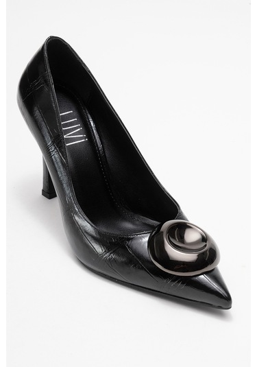 Jordana Siyah Baskı Platin Tokalı Kadın İnce Topuklu Ayakkabı Siyah