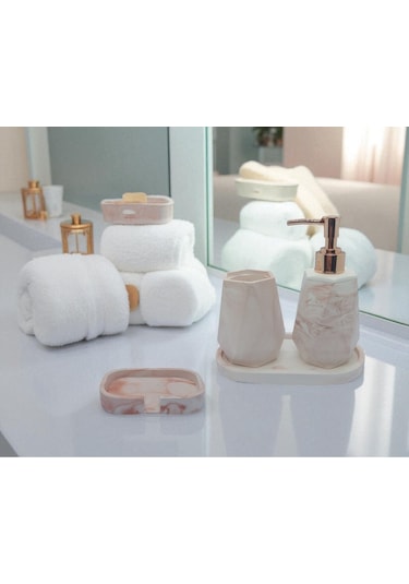 4 Lü Taş Banyo Seti Beyaz - Kahverengi Mermer Desenli 4'lü Sabunluk Seti Beyaz