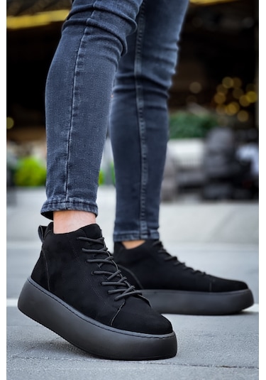 Pabucmarketi Bağcıklı Erkek Spor Bot Siyah Süet Siyah Taban Çok Renkli