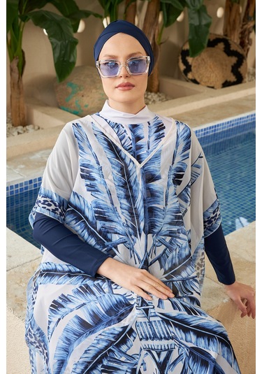 Remsa Mayo Tesettür Mayo Üzerine Desenli Tek Kaftan Pareo 430-301 Maldiv Mavi Mavi