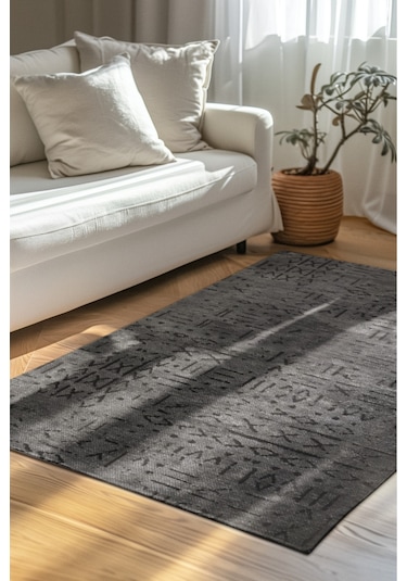 Venüs Yumuşak Pamuk Dokuma Kilim Kaymaz Tabanlı Antrasit Iskandinav Halı Salon Ve Mutfak Halısı Antrasit